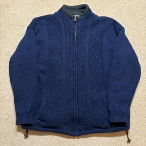 Aran Woollen Mills Sweater Mens Large Blue Wool Full Zip Fleece Lined Pockets